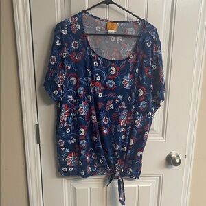 Ruby Rd. Floral Tie-Front Blouse in Blue and Red everyday wear size 3xl
